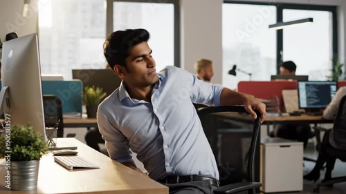 Happy office worker stretching at desk in modern workplace environment.