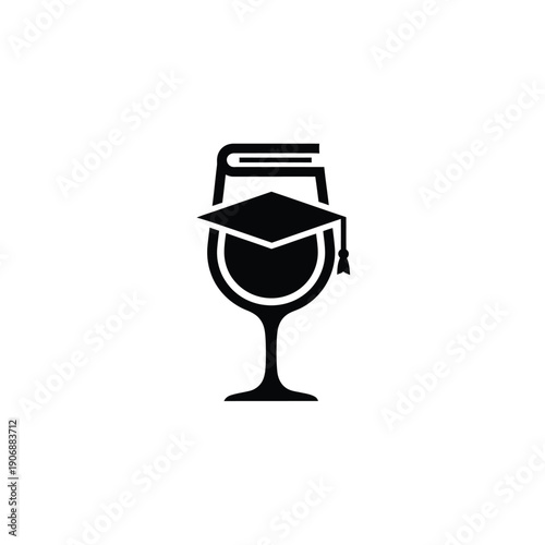 Wine education logo design, wine glass with book and graduation cap concept vector illustration, sommelier school icon