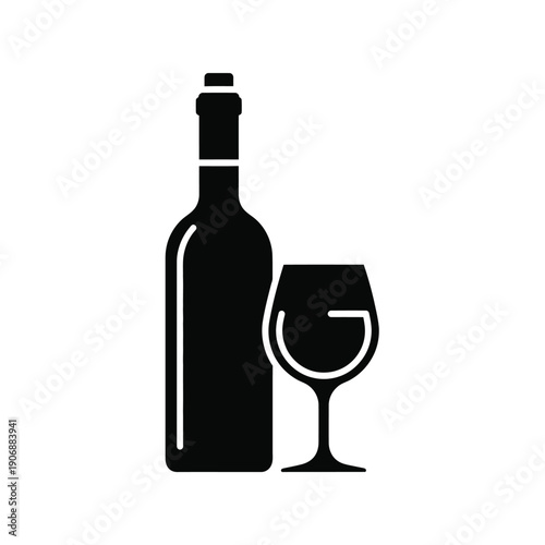 Wine bottle and glass vector icon black isolated on white background. elegant and simple graphic design for wine industry
