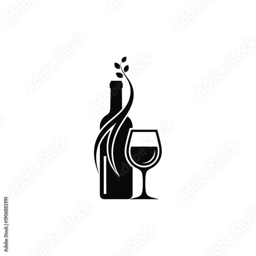 Wine bottle and glass with vine leaves vector icon. elegant and simple graphic design for organic wine industry