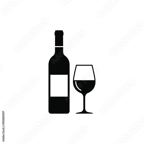 Clean wine bottle and glass silhouette with blank label area for product mockups and beverage industry branding icons