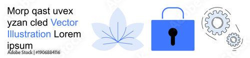 Cybersecurity, data protection, technology innovation, privacy management, secure systems, conceptual design. Blue lock icon, floral element gear symbols. Cybersecurity and data protection concept