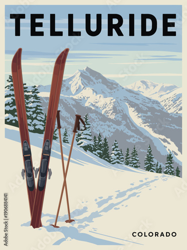 Ski poster, retro Telluride Colorado winter sports equipment illustration art