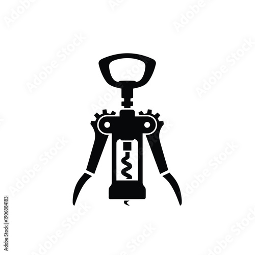 Black silhouette of corkscrew opener tool for wine bottle, isolated on white background vector illustration