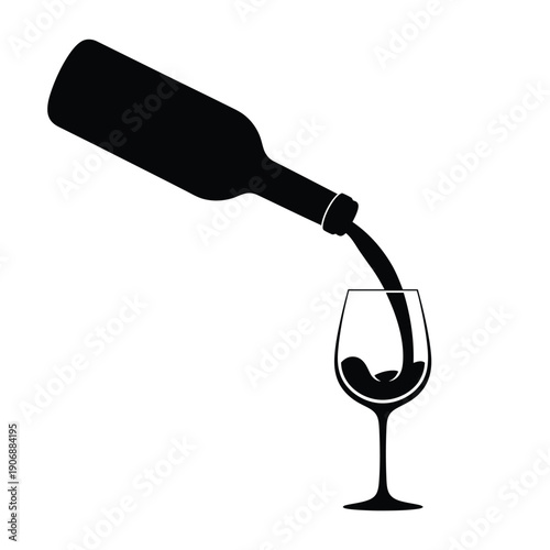 Pouring wine from bottle into wine glass, flowing liquid, dark silhouette, isolated on white background vector