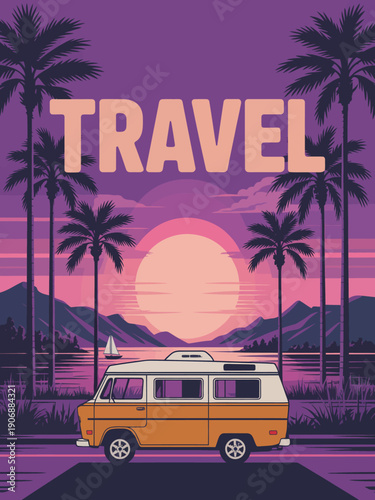 Camper poster, retro van on mountain backdrop with large orange sun illustration art