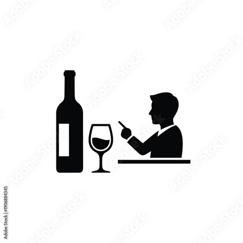 Wine selection icon, featuring a man pointing at a glass of wine next to a bottle, representing choice