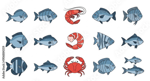 Collection of various seafood illustrations including fish shrimp and crab.