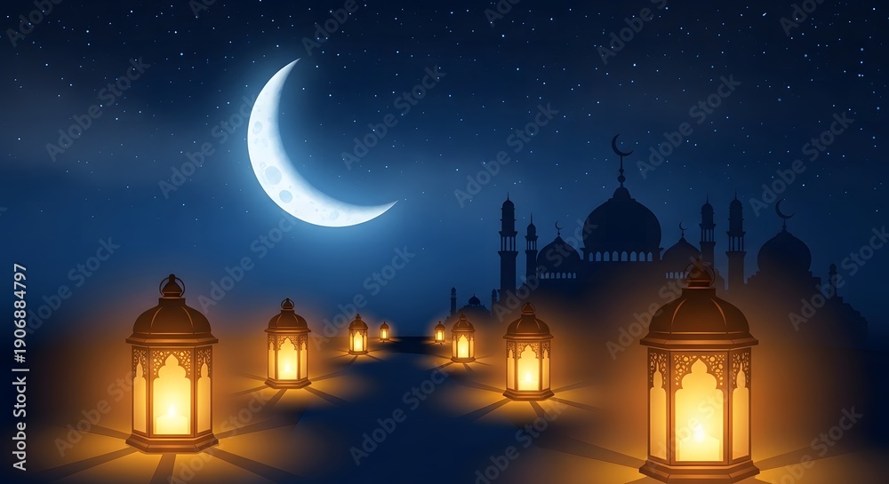 Fototapeta premium A serene nighttime scene featuring a crescent moon, lanterns, and a mosque silhouette in the distance, viewed from a low angle.