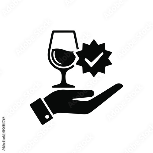 Elegant hand holding glass of wine with jagged quality certification star badge for professional sommelier evaluation