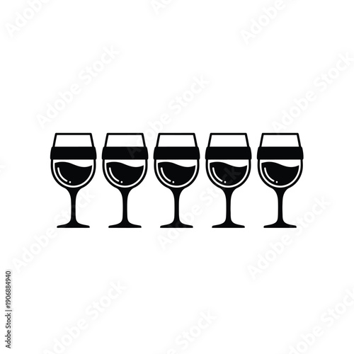 Row of five wine glasses blindfolded with black fabric bands for group sensory evaluation and wine tasting competition