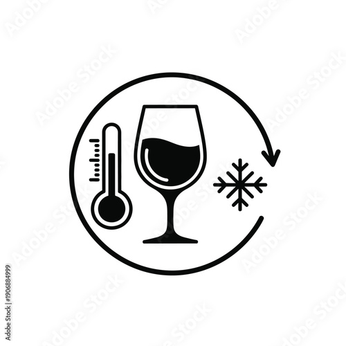 Wine glass cooling process icon with thermometer snowflake and circular arrow for beverage chilling and storage cycle