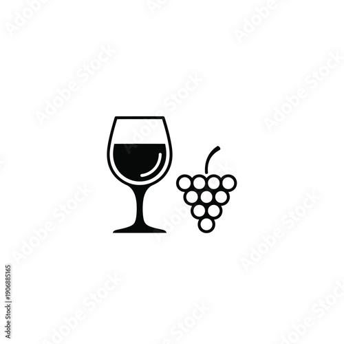 Minimalist wine glass icon with grape cluster vector illustration for wine tasting events and winery branding designs