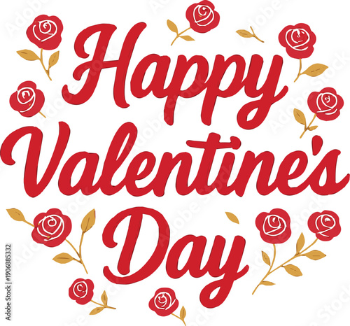 A festive graphic with the words Happy Valentine's Day in a bold, red, script font. The letters have a subtle 3D effect with a slight shadow.