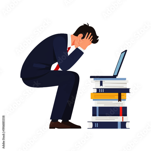 A professional businessman in a suit smiling while working on a laptop at an office desk
