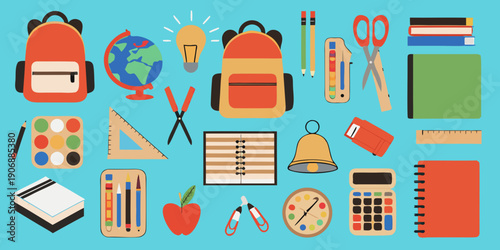 Colorful school supplies arranged on a light blue background