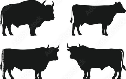 Collection of black silhouettes of farm animals including bull cow bison on white background wildlife