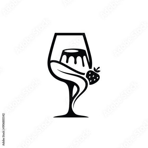 Creative wine glass silhouette containing flan pudding and strawberry garnish for gourmet dessert menu design concept