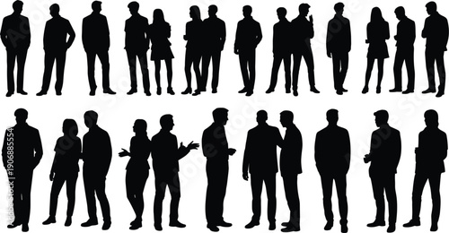 Collection of black silhouettes of men and women standing and interacting people