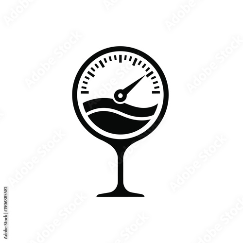 Creative wine glass pressure gauge icon showing a liquid level for wine measurement, black and white