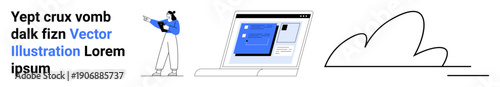 Person gesturing to digital content on a laptop, connected to a minimal cloud. Ideal for presentation, remote work, technology, education, data sharing, modern business, simple landing page