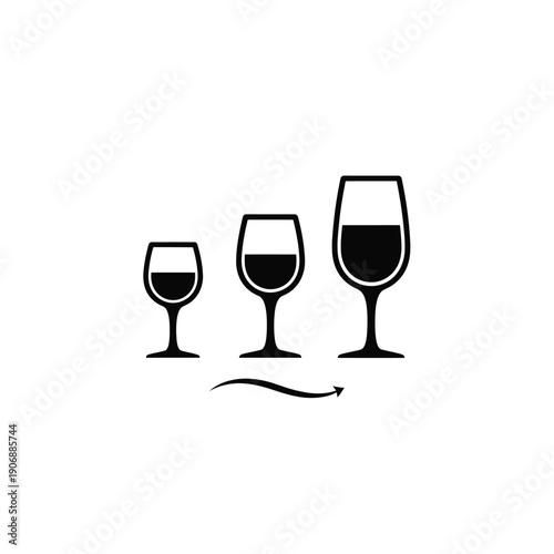 Three wine glasses in increasing size with liquid and curved arrow indicating progression on white background