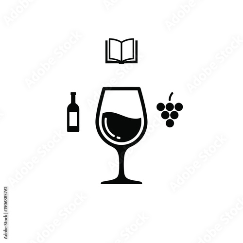 Wine glass surrounded by bottle, grapes, open book and wine bottle icon on white background