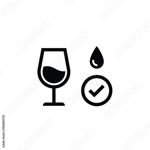 Wine quality check icon with liquid drop and checkmark symbol representing verified beverage safety and sommelier taste