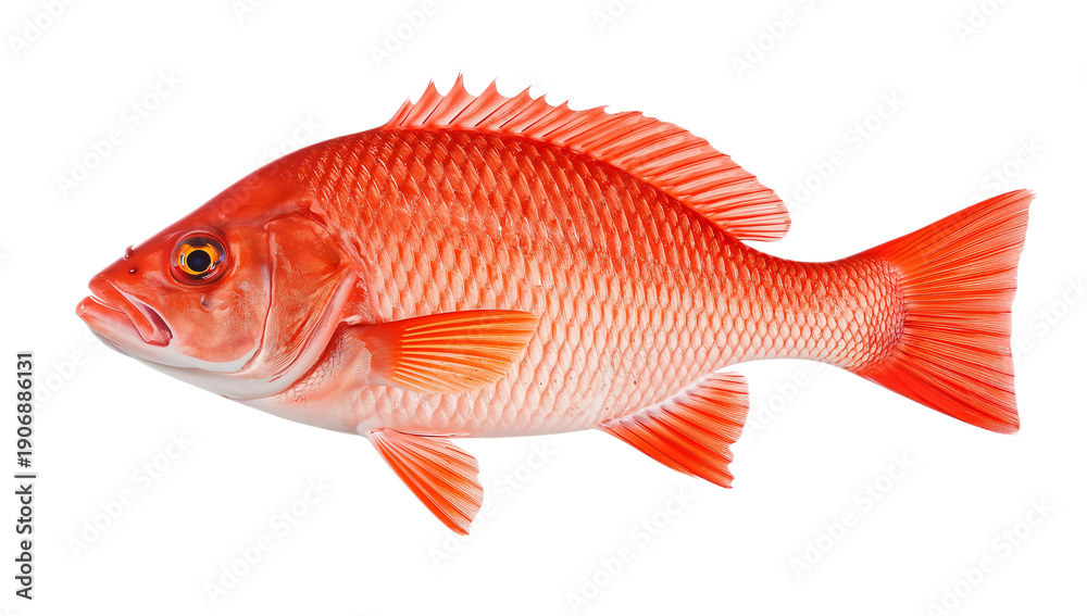 Obraz premium A vibrant red snapper fish, showcasing its brilliant crimson scales and unique profile, is presented in full detail against a pristine white background, perfect for culinary and marine themes