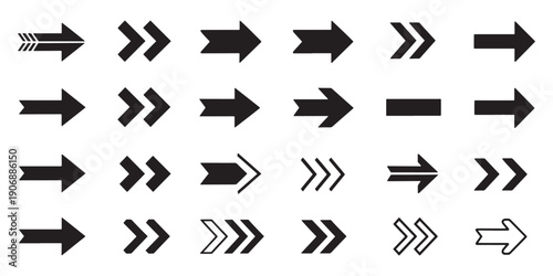 Vector set of black directional arrow icons, collection of navigation pointers and solid next button symbols for web UI and mobile app design