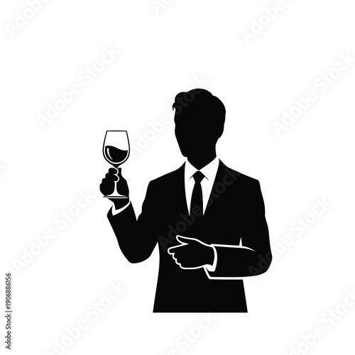 Man sommelier holding a glass of wine vector silhouette, wine tasting expert and connoisseur professional