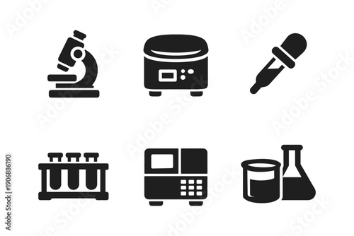 Laboratory equipment and analysis icons set. Medical research vector illustration