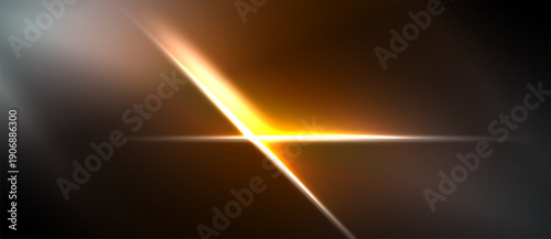Abstract light flare. Diagonal beam crosses dark background. Bright orange, white glow creates dramatic effect. Minimalist design.
