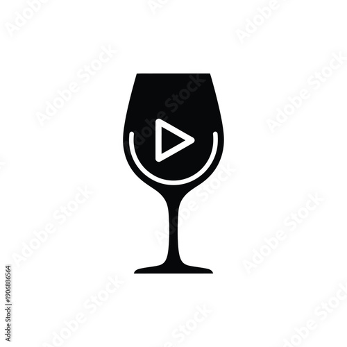 black silhouette of a wine glass with a play button icon inside isolated on white background