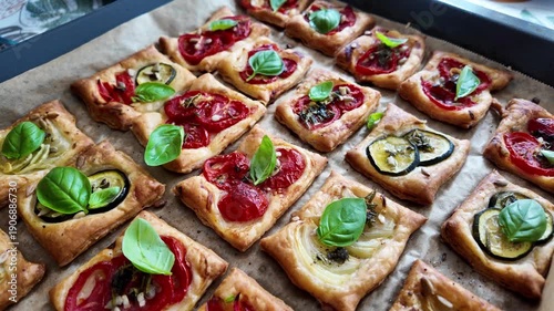 Baking tray full of vegetarian puff pastry pieces with vegetables
