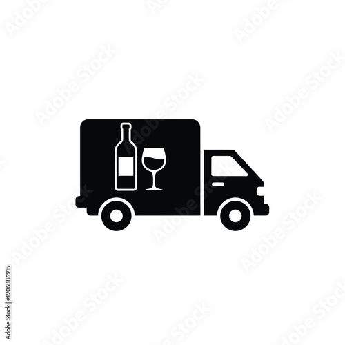 Wine delivery truck with bottle and glass graphic on its side, representing transportation for beverages