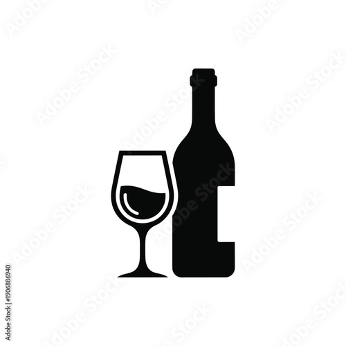 Bottle and glass of wine, representing beverages and alcoholic drinks, suitable for menus or advertisements