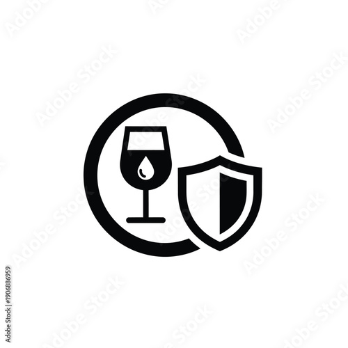 Icon of wine glass with drop and shield, symbol for quality assurance, safety, protection, and health standards for beverages