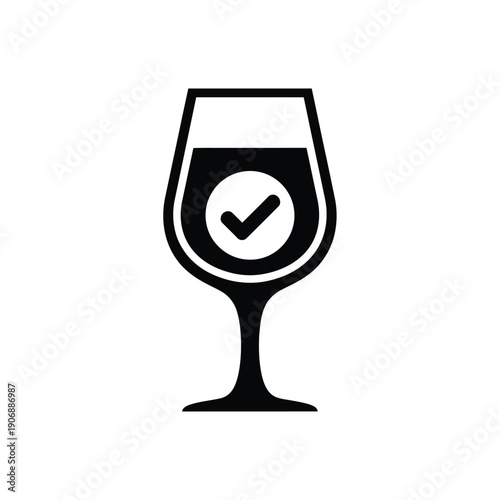 Wine glass icon with check mark inside, symbolizing approved, quality checked, best choice, or recommended for wine consumption