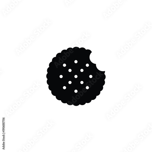Round cookie with bite mark, polka dot pattern, and ruffled edge, black on white