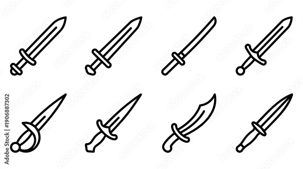 Fototapeta premium Collection of eight medieval sword icons in a minimalist black line art style, featuring various bladed weapons like daggers, sabers, and broadswords for fantasy or historical themes