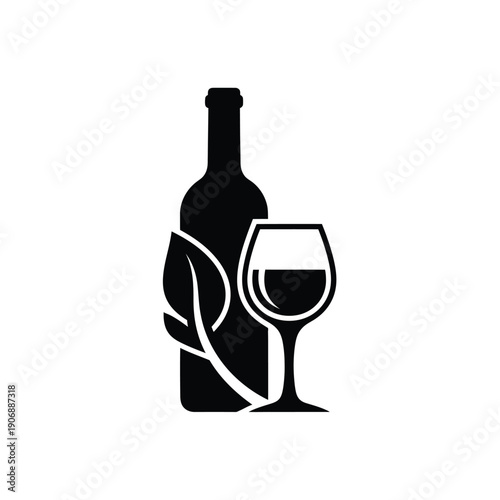 Eco wine bottle and glass with leaf isolated on white background, black and white flat vector illustration, organic wine concept