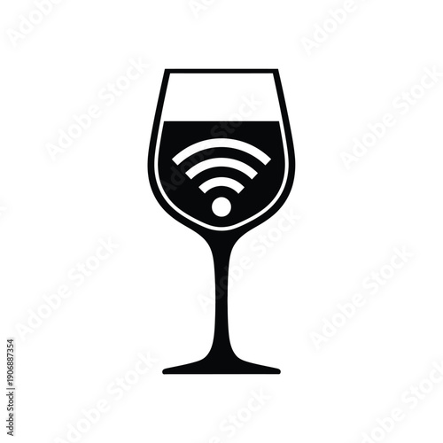Modern wine glass icon with wifi signal symbol inside silhouette isolated on white background for restaurant connectivity