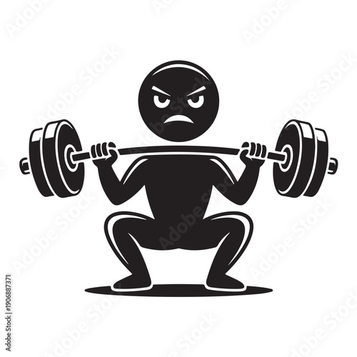 Black silhouette of cartoon weightlifter character performing squat exercise with heavy barbell on shoulders isolated on transparent background