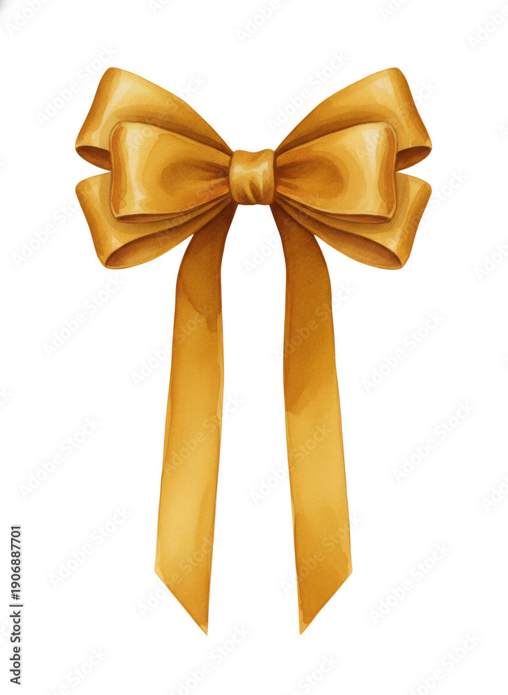 Fototapeta premium Golden bow with long ribbons. Decorative element for gift wrap, celebration design, greeting card, and announcement. Holiday ornament.