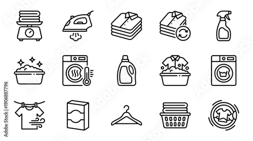 Laundry and clothing care line icon set featuring minimalist black and white outline symbols for washing, drying, ironing, detergent, and other common household chores