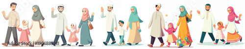 Muslim family vector walking together during Ramadan side view
