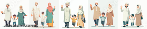 Muslim family vector walking together during Ramadan front view