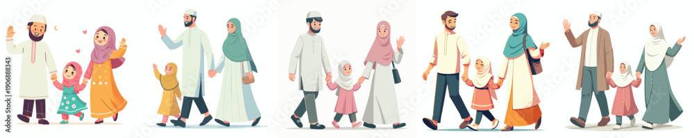 Obraz premium Muslim family vector walking together during Ramadan side view