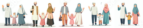 Muslim family vector walking together during Ramadan front view